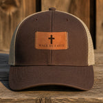 Walk By Faith leather patch hat — brown
